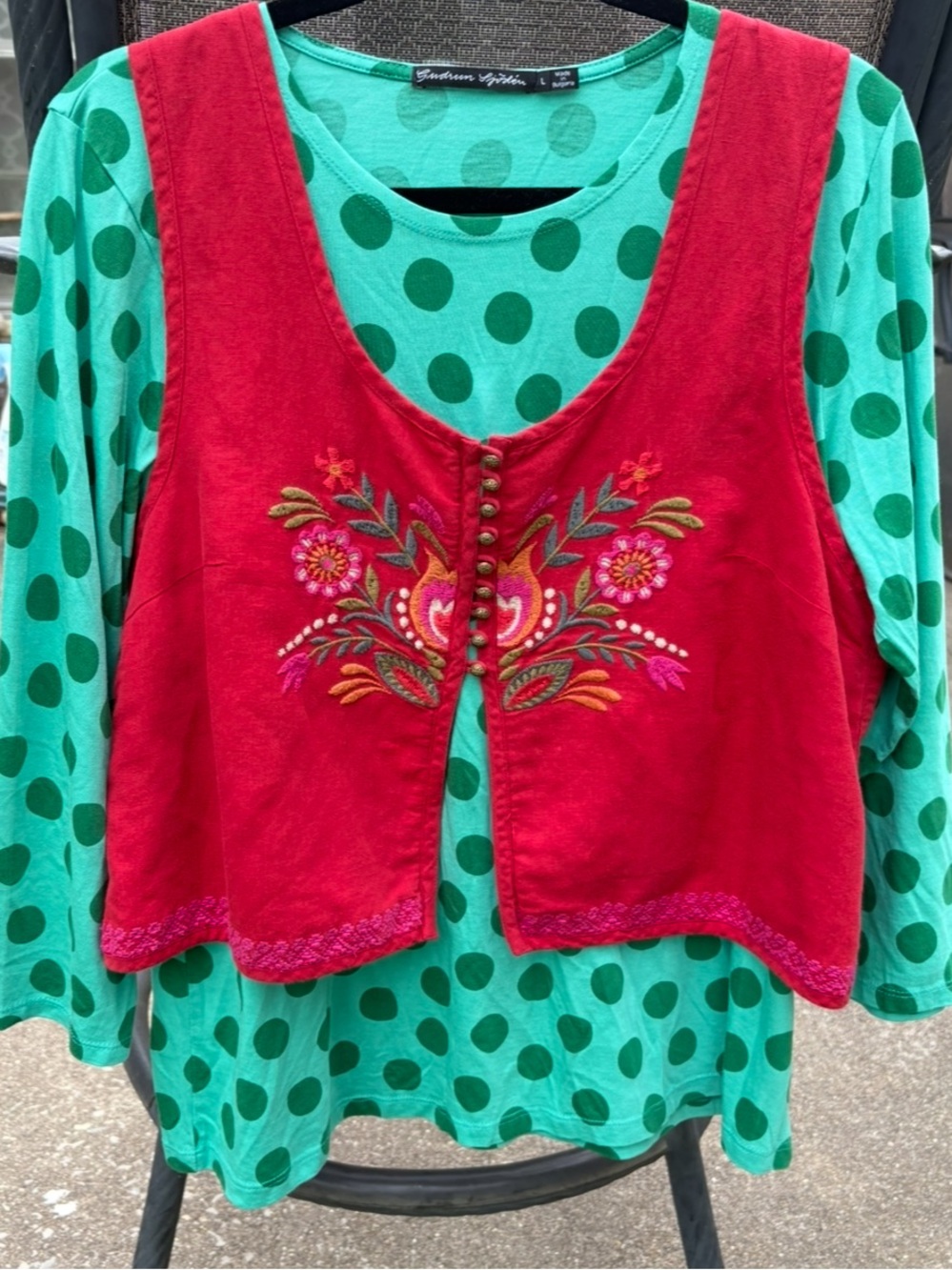 Gudrun Sjoden Green Polka Dot Top with Embroidered Red Vest Waistcoat